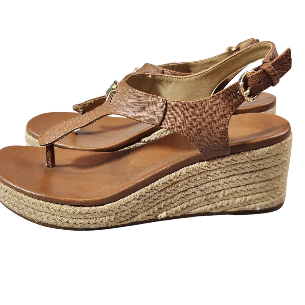 Michael Kors Espadrille Wedge Sandals Womens 7M Brown MK Logo SG22I Luggage